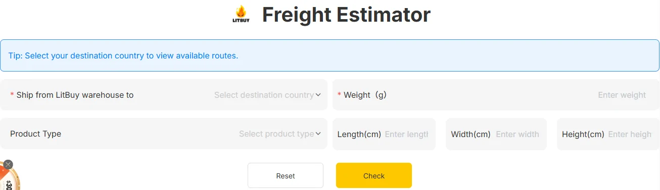 LitBuy Freight Estimator form with fields for destination country, weight in grams, product type and box dimensions