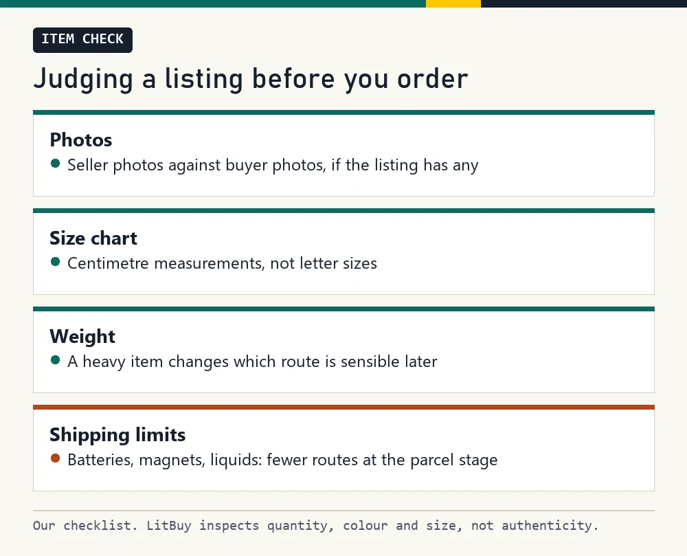 Checklist for judging a listing: photos, size chart, weight, shipping limits