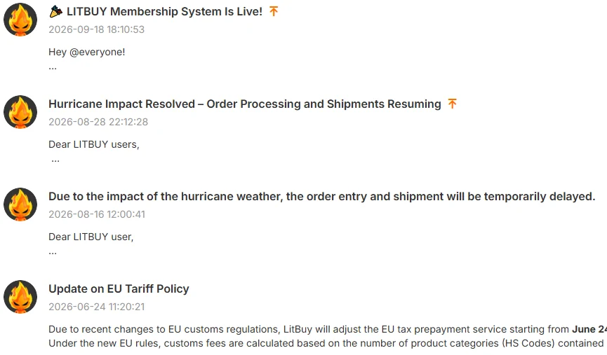 LitBuy announcement board listing four notices with dates from June to September 2026