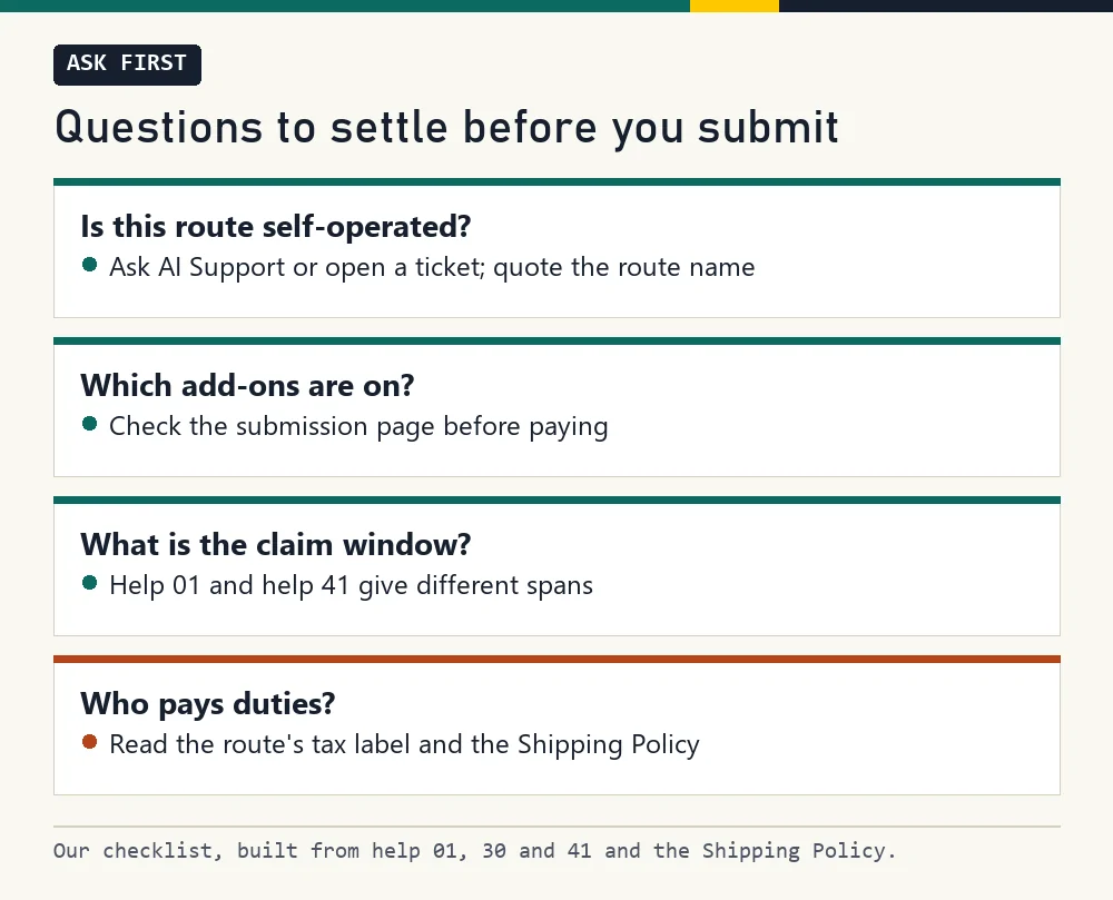 Checklist of four questions to settle before submitting a parcel