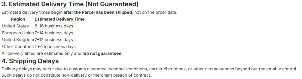 LitBuy Shipping Policy section listing order processing time and estimated delivery times by region